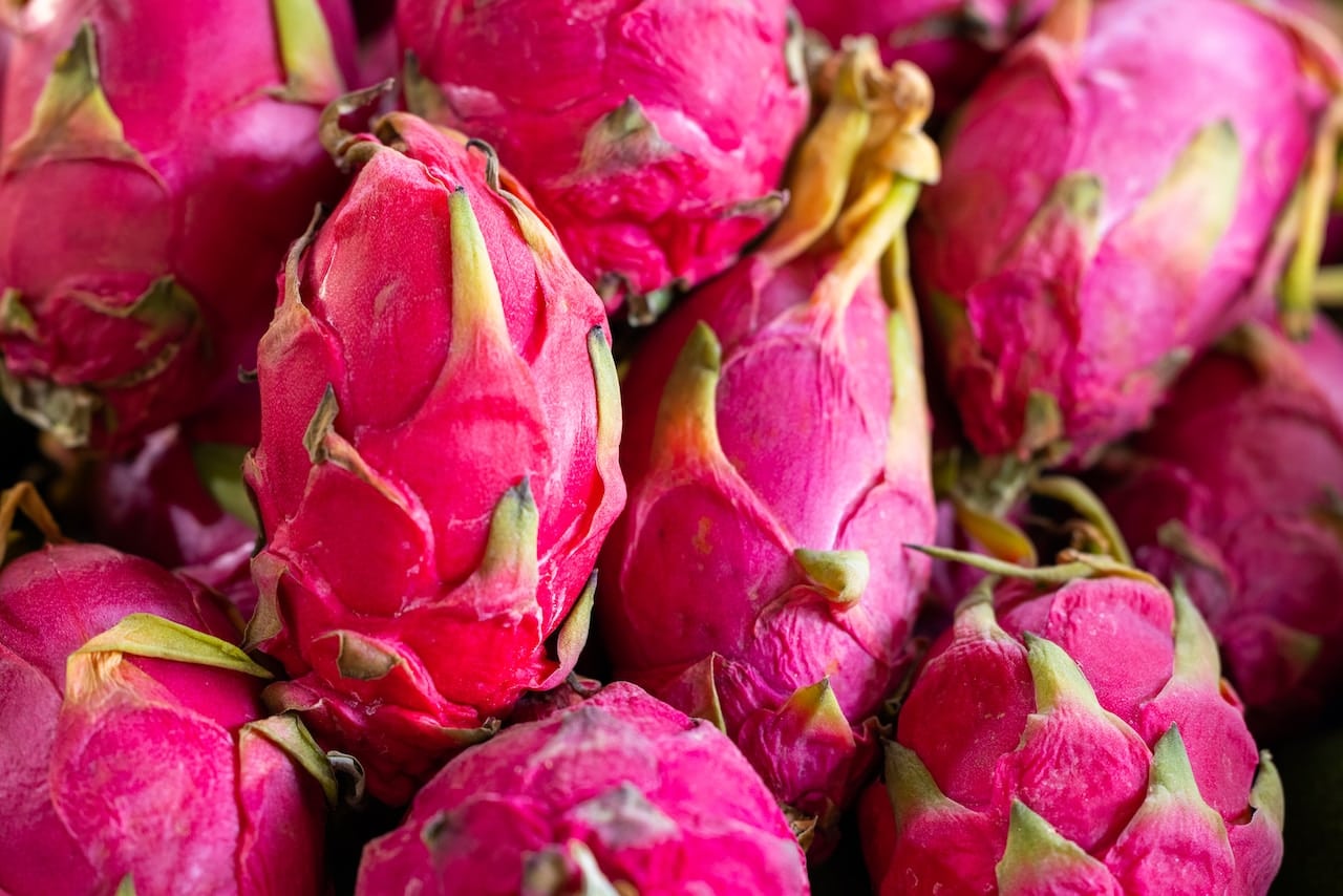 How to serve dragon fruit to dogs. 

a pile of pink dragon fruit sitting on top of a table