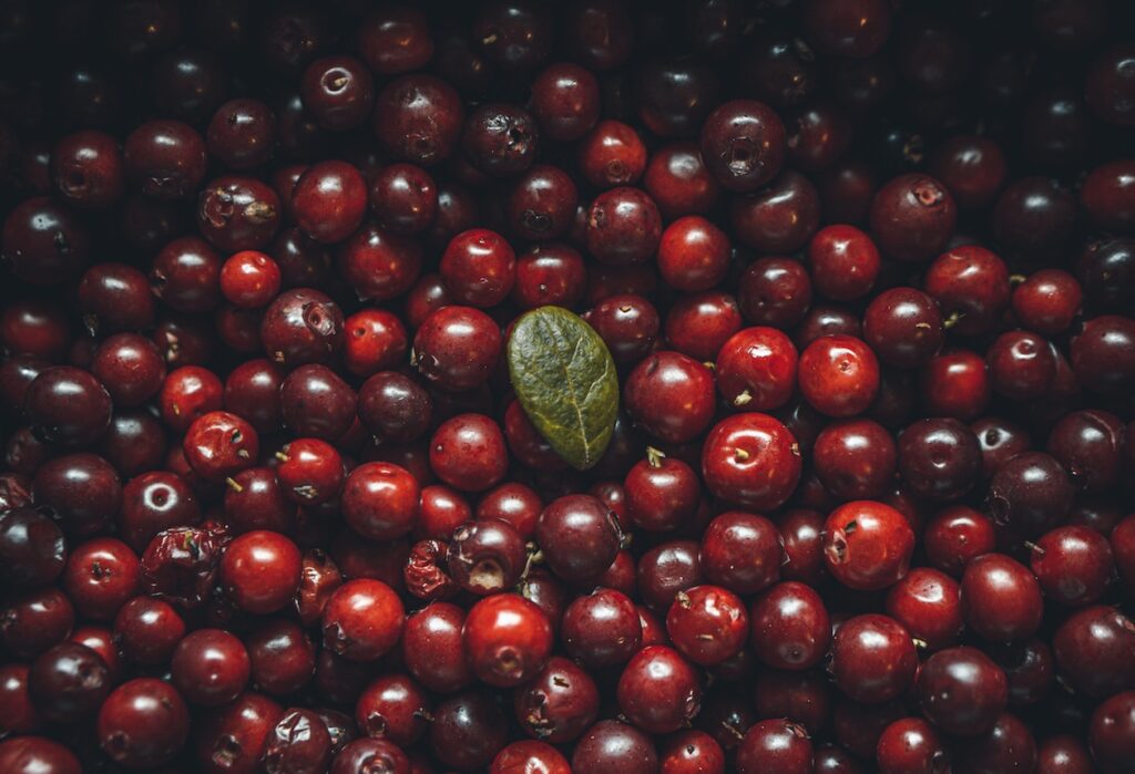 a pile of cherries with a leaf on top