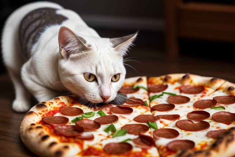 a cat licking a pizza