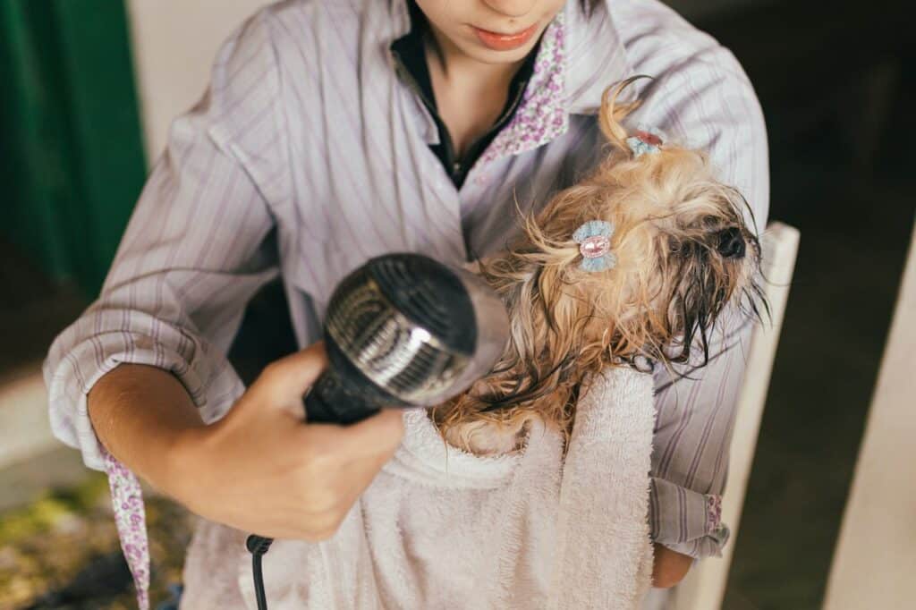 woman in pink bathrobe holding hair blower